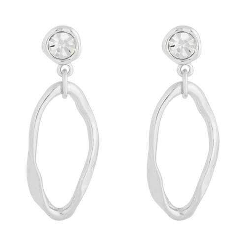 Merx Fashion Shiny Silver Oval Dangle Earrings with Clear Crystal