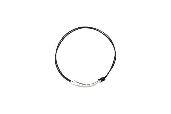 Merx Fashion Shiny Silver Hammered Arc Necklace with Double Layer Black Cord