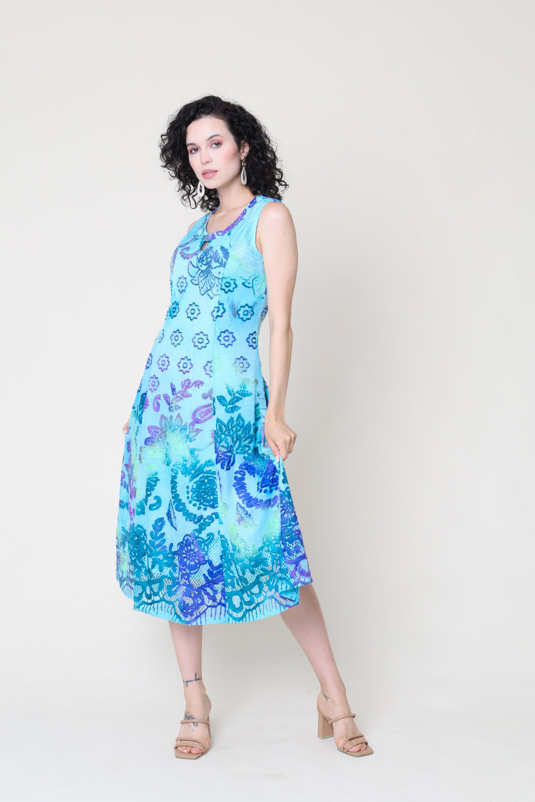 Cativa Moana Round Neck Sleeveless Aqua Breeze Print Dress