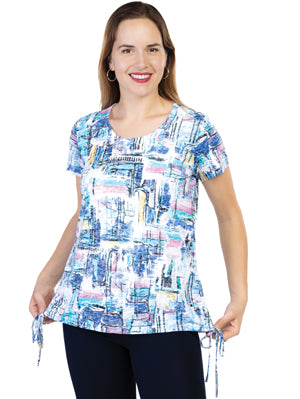 Variations Blue Multi Abstract Print Ruched Side Round Neck Top with Side Ties