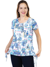 Load image into Gallery viewer, Variations Blue Multi Abstract Print Ruched Side Round Neck Top with Side Ties
