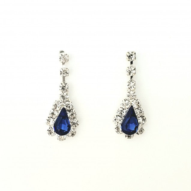Fashion Jewellery Teardrop Dangle Stud Earrings in Royal Blue with Clear Crystals