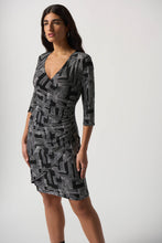 Load image into Gallery viewer, Joseph Ribkoff Black Vanilla Geometric Print 3/4 Sleeve Wrap Dress
