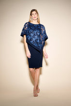 Load image into Gallery viewer, Joseph Ribkoff Lace & Sequin Cape Sheath Dress in Midnight Blue or Latte