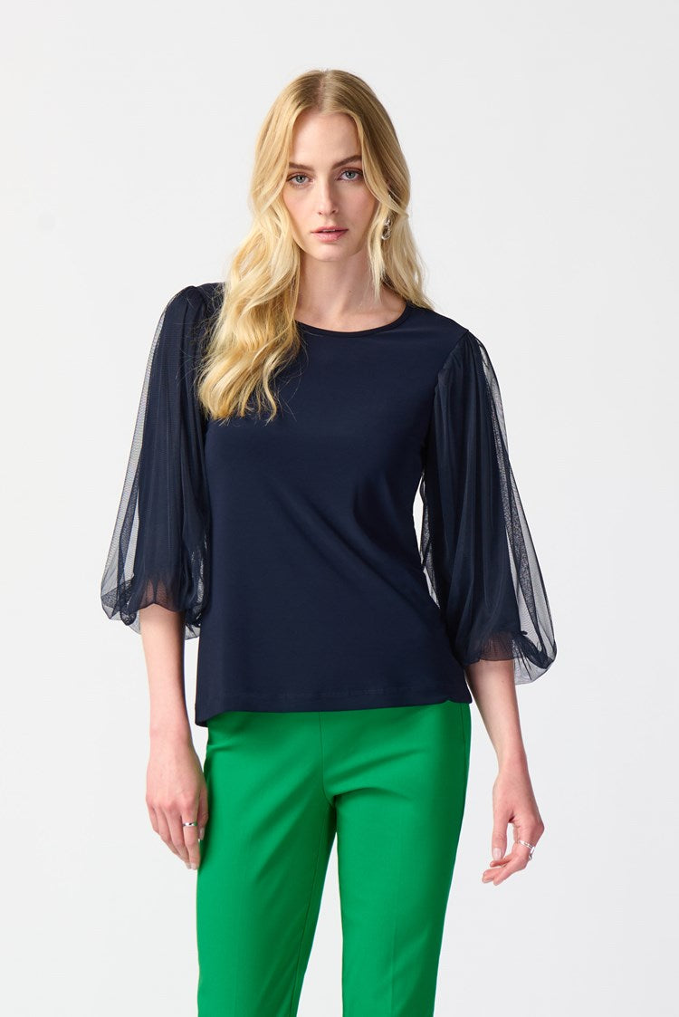 Joseph Ribkoff Midnight Blue Silky Knit Top With Mesh Sleeves