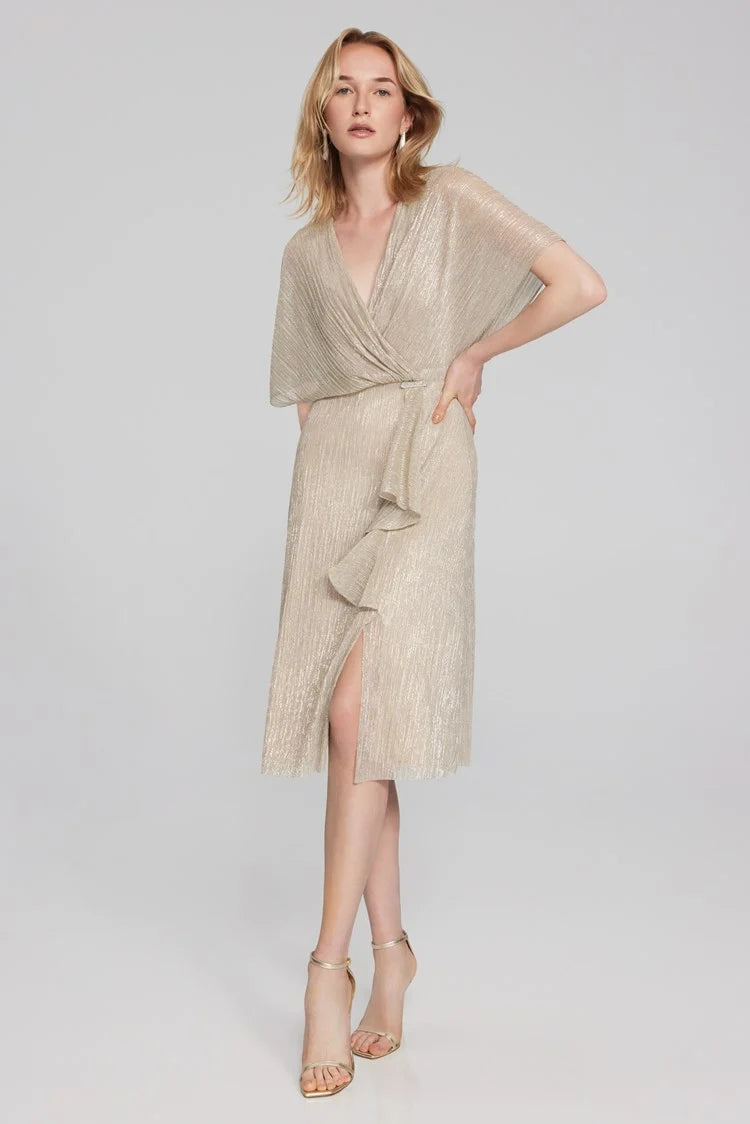 Joseph Ribkoff Champagne/Gold Pleated Wrap Fit & Flare Dress