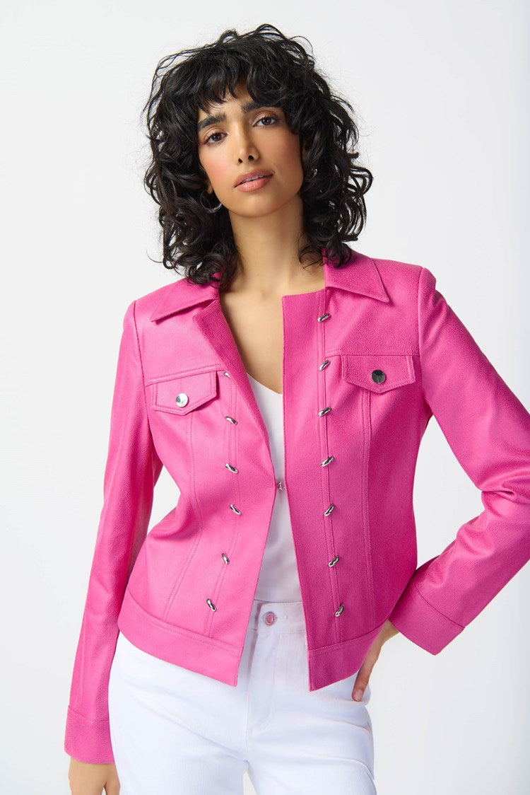 Joseph Ribkoff Bright Pink Foiled Suede Jacket with Metal Trims