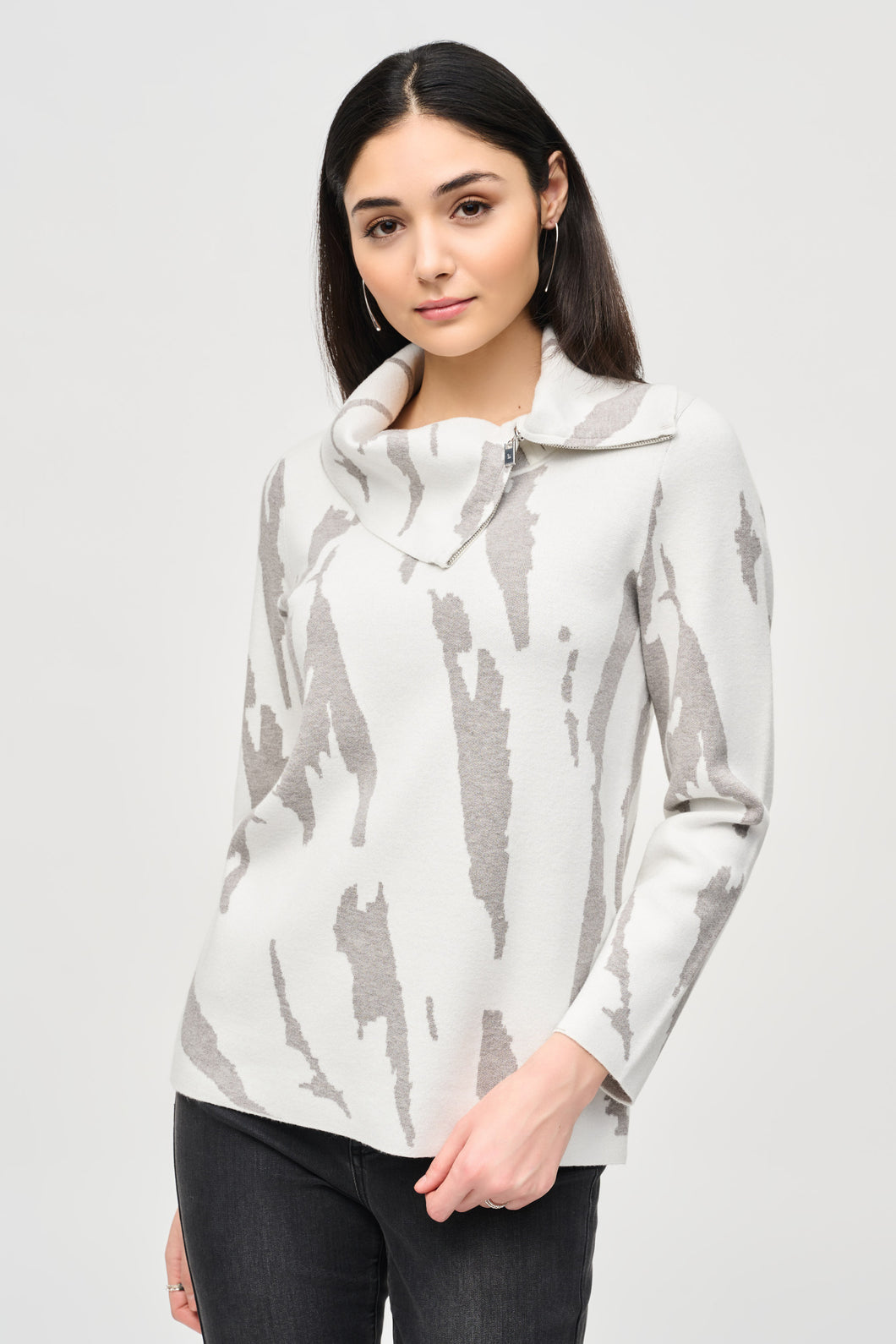 Joseph Ribkoff Vanilla Grey Melange Jacquard Sweater Knit Cowl Neck Abstract Print Top
