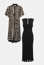 Load image into Gallery viewer, Joseph Ribkoff Black & Beige Geometric Print Long Blouse/Caftan