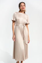 Load image into Gallery viewer, Signature | Pleated Satin Fit And Flare Dress With Sash Belt
