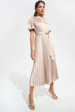 Load image into Gallery viewer, Signature | Pleated Satin Fit And Flare Dress With Sash Belt