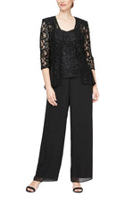 Load image into Gallery viewer, Alex Evenings Black Three-Piece Lace &amp; Chiffon Pantsuit

