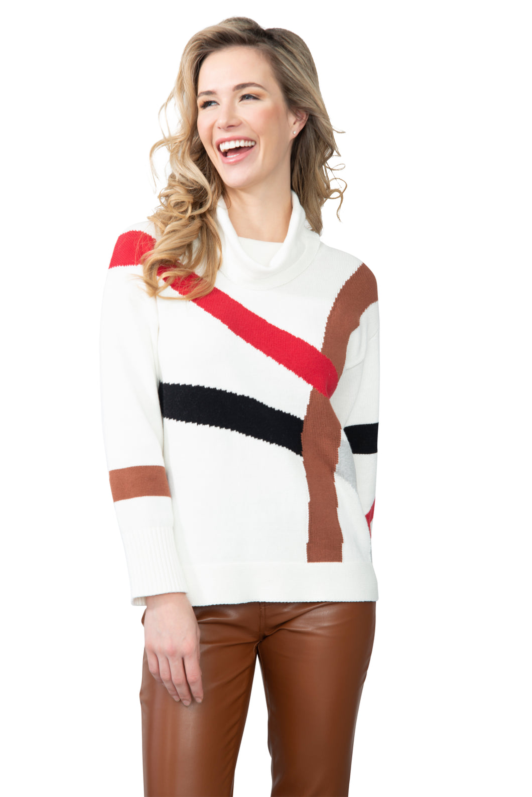 Its Simpli Zen Off-White Multi Cowl Neck Ribbon Sweater