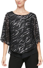 Load image into Gallery viewer, Alex Evenings Black Gunmetal 3/4 Sleeve Popover Sequin &amp; Chiffon Blouse
