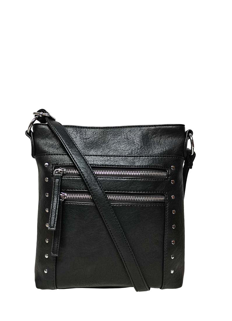 B.lush Messenger Bag/Purse with Two Front Zipper Pockets & Stud Detail in Mint, Black or Cream