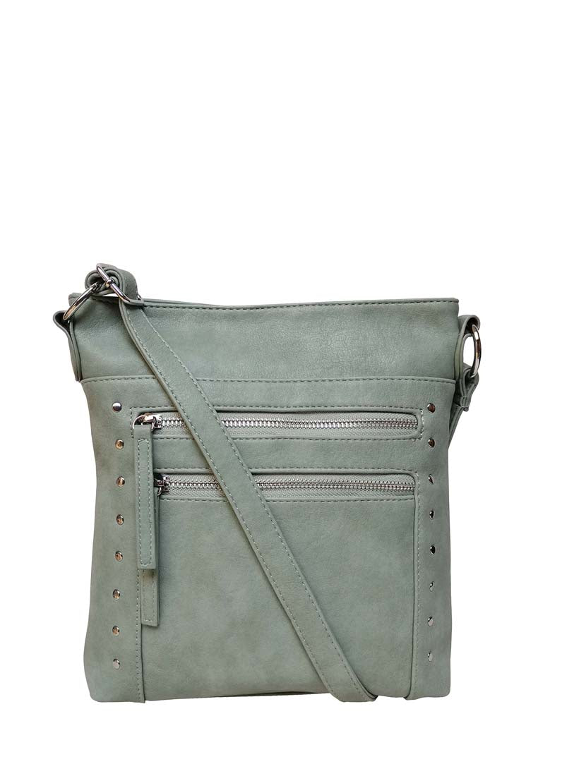 B.lush Messenger Bag/Purse with Two Front Zipper Pockets & Stud Detail in Mint, Black or Cream
