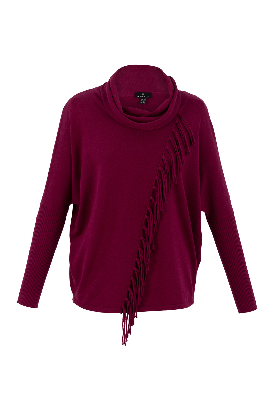 Marble Berry Asymmetric Fringe Detail Sweater with Soft Cowl Neck - 100% Cotton