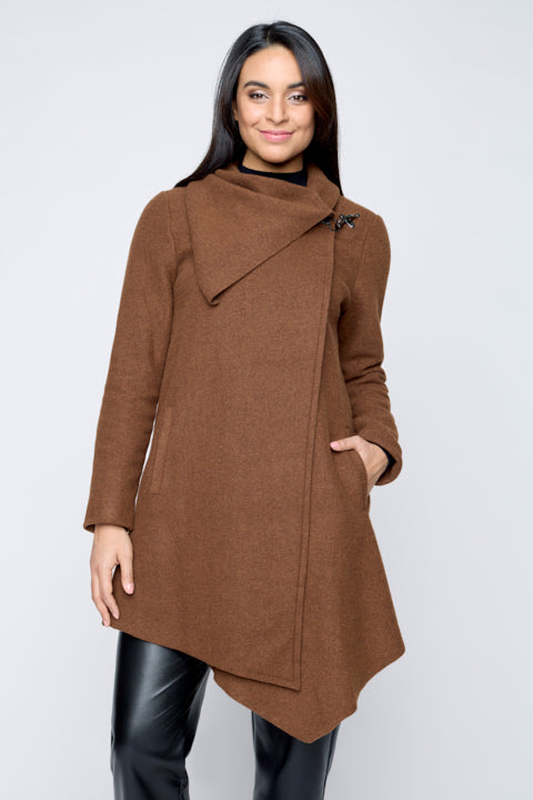 Carre Noir Brown Asymmetrical Coat with Clip Closure at Collar