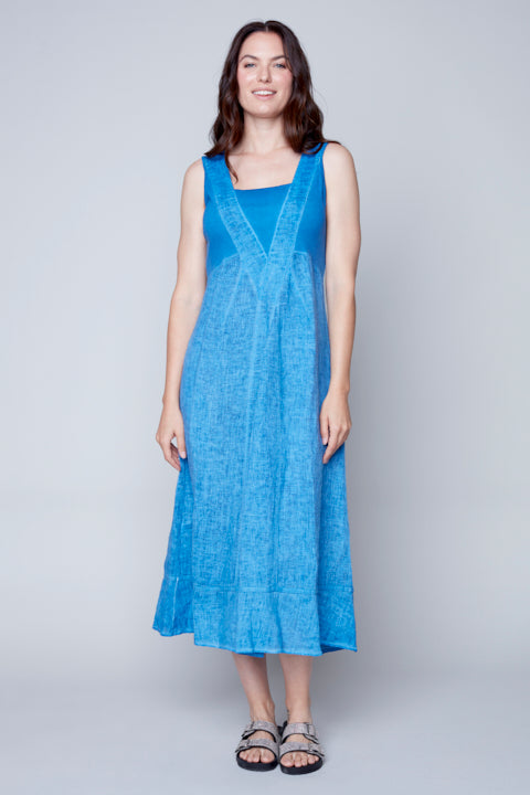 Carre Noir Sleeveless Blue Dress - 100% Linen