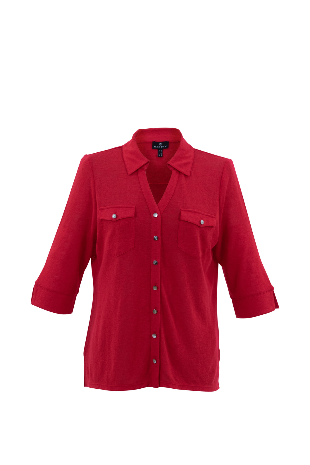 Marble Red Elbow Sleeve Polo Shirt With Branded Buttons and Chest Patch Pocket