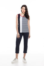 Load image into Gallery viewer, Orly Black &amp; White Striped Sleeveless Top with Red Trim
