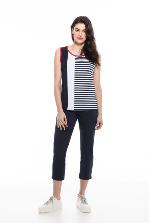 Orly Black & White Striped Sleeveless Top with Red Trim