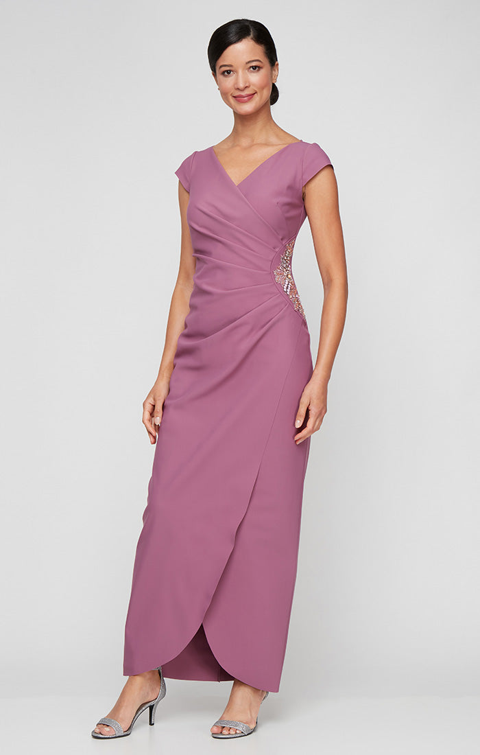 Alex Evenings Dark Mauve Cap Sleeve Tulip Overlay Skirt & Beaded Embel
