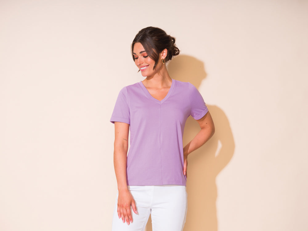 Alison Sheri V-Neck Short Sleeve Cotton Blend T-Shirt in Lavender or Turquoise