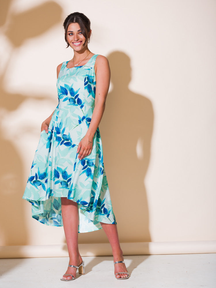 Alison Sheri Turquoise Multi Print Sleeveless Square Neck Hi-Low Dress
