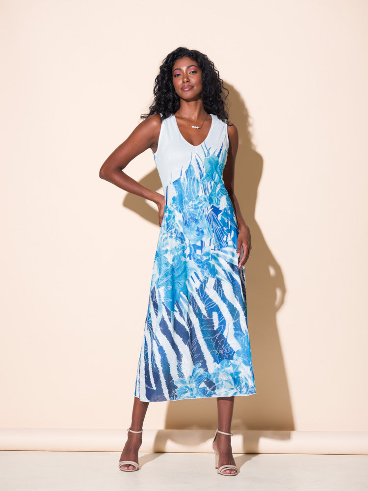 Alison Sheri Blue Multi Print Sleeveless V-Neck Mid-Length Dress