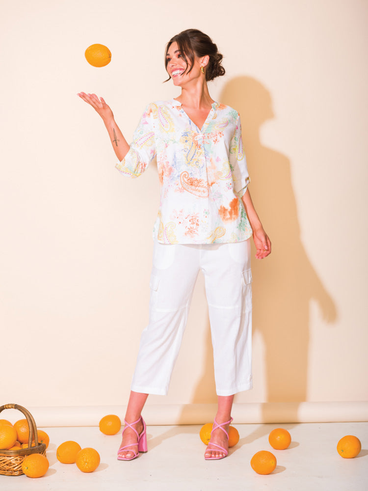 Alison Sheri 3/4 Sleeve V-Neck Linen Blend Mediterranean Escape Print Blouse