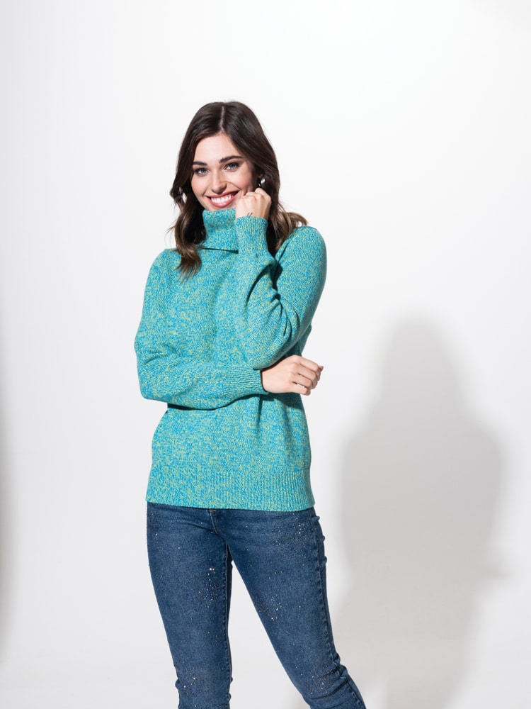 Alison Sheri Turquoise Lime 100% Cotton Turtleneck Sweater