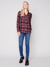 Load image into Gallery viewer, Charlie B Soft Plaid Button Down Shirt with Front Pockets in Port or Black
