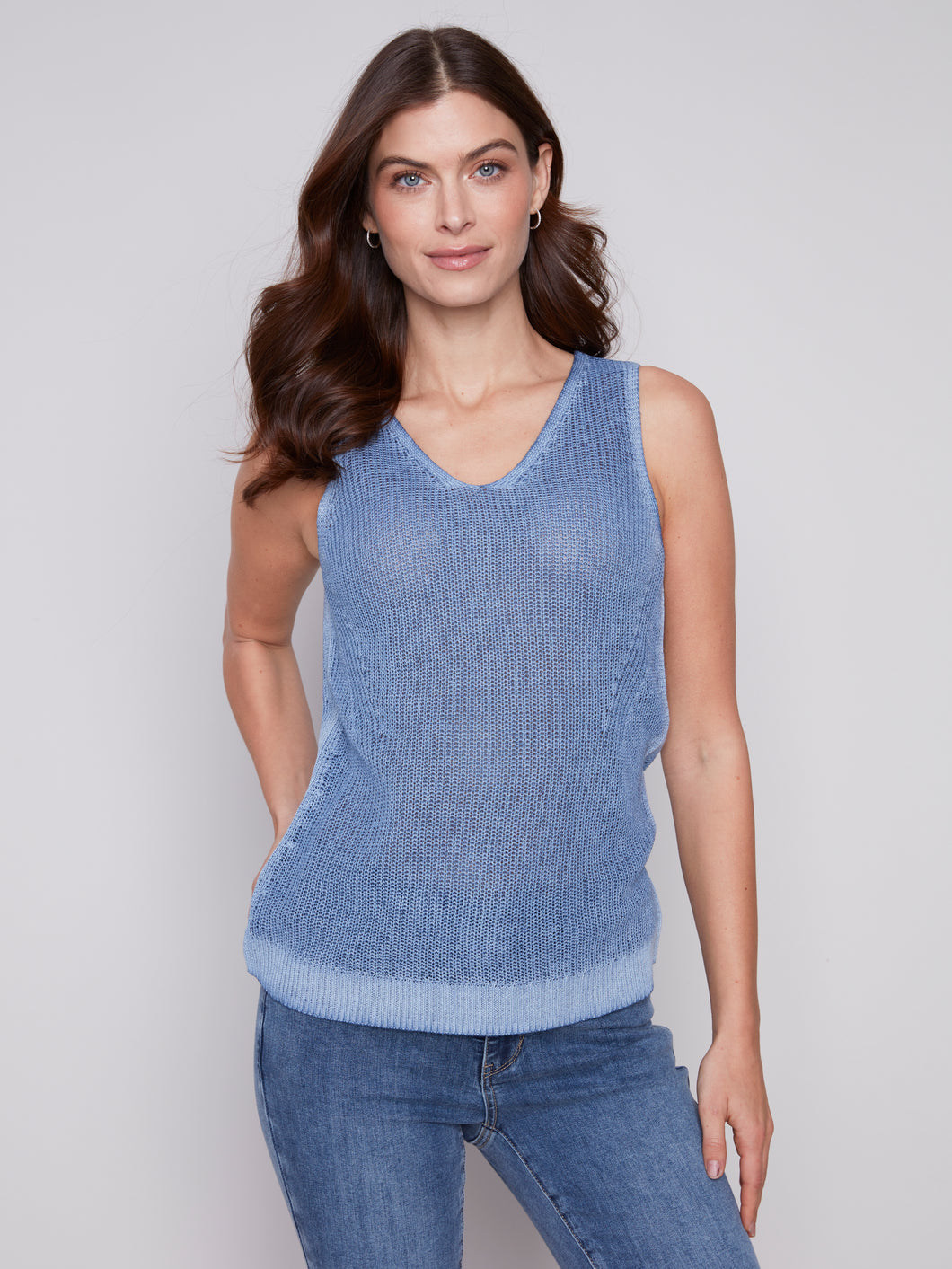 Charlie B V-Neck Cold Dye Light Knit Cami With Side Diagonal Stitch Detail in Denim or Dusty Rose