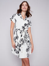 Load image into Gallery viewer, Charlie B Black &amp; Cream Short Sleeved Button Linen Blend Dress with Tie Belt
