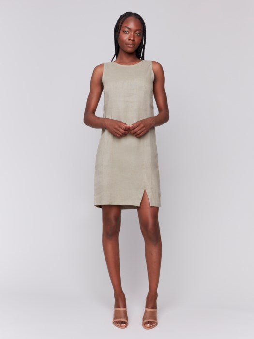 Charlie B Celadon Sleeveless Crew Neck Linen Blend Dress With Slit – Style  Boutique