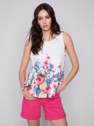 Charlie B Maui Printed Side Button Linen Tank Top With Crew Neck - 100% Linen