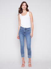 Load image into Gallery viewer, Charlie B Medium Blue Fringe Detail Frayed Hem Twill Crop Pant with 5 Pockets
