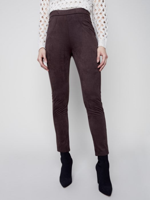 Charlie B Chocolate Stretch Faux-Suede Pull On Legging With Fake Pocket Cuts