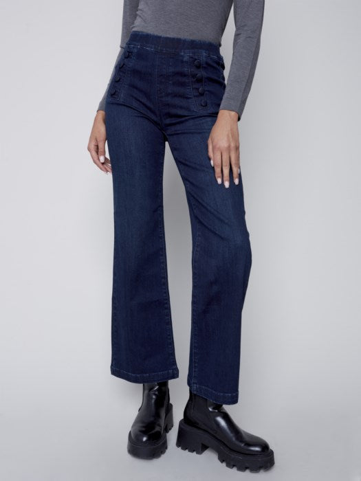Charlie B Blue Black Flare Jean With Decorative Button At Front Waistband