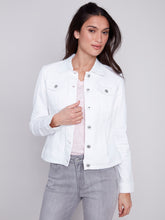 Load image into Gallery viewer, Charlie B White Stretch Denim Button-Down Jean Jacket with Pockets
