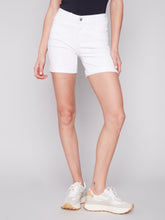 Load image into Gallery viewer, Charlie B Stretch Denim or Twill Short With Rolled-Up Hem in White or Light Blue
