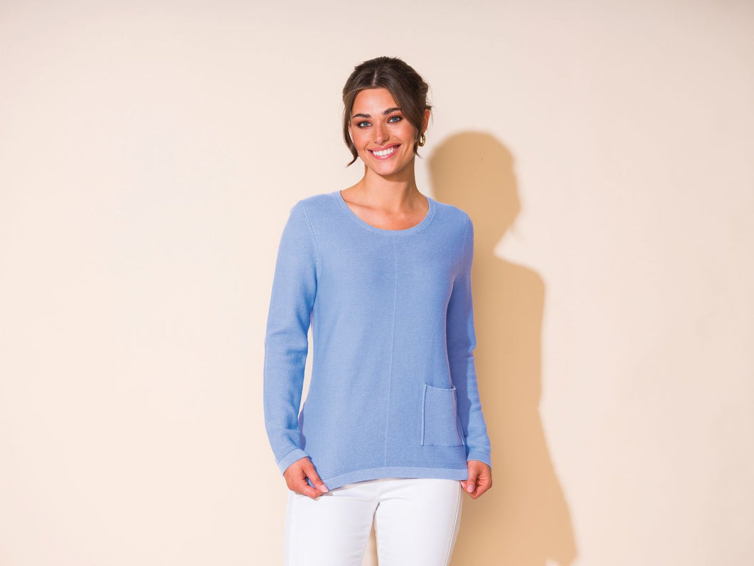 Alison Sheri Round Neck Sweater with Pocket in Blue or Aqua - 100% Cotton