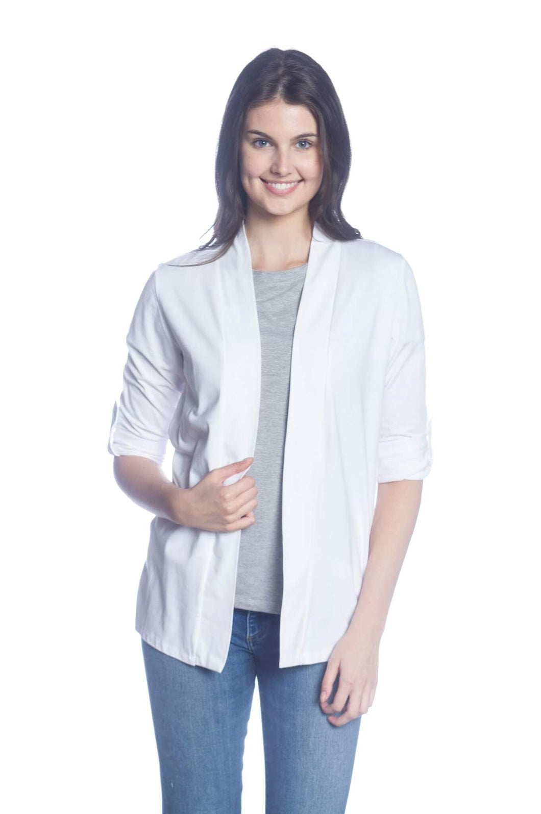 DKR & Co White Open Cardigan with Roll-Up Sleeve and Pockets