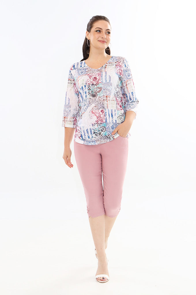 Moffi Pink Multi Abstract Print 3/4 Sleeve V-Neck Top