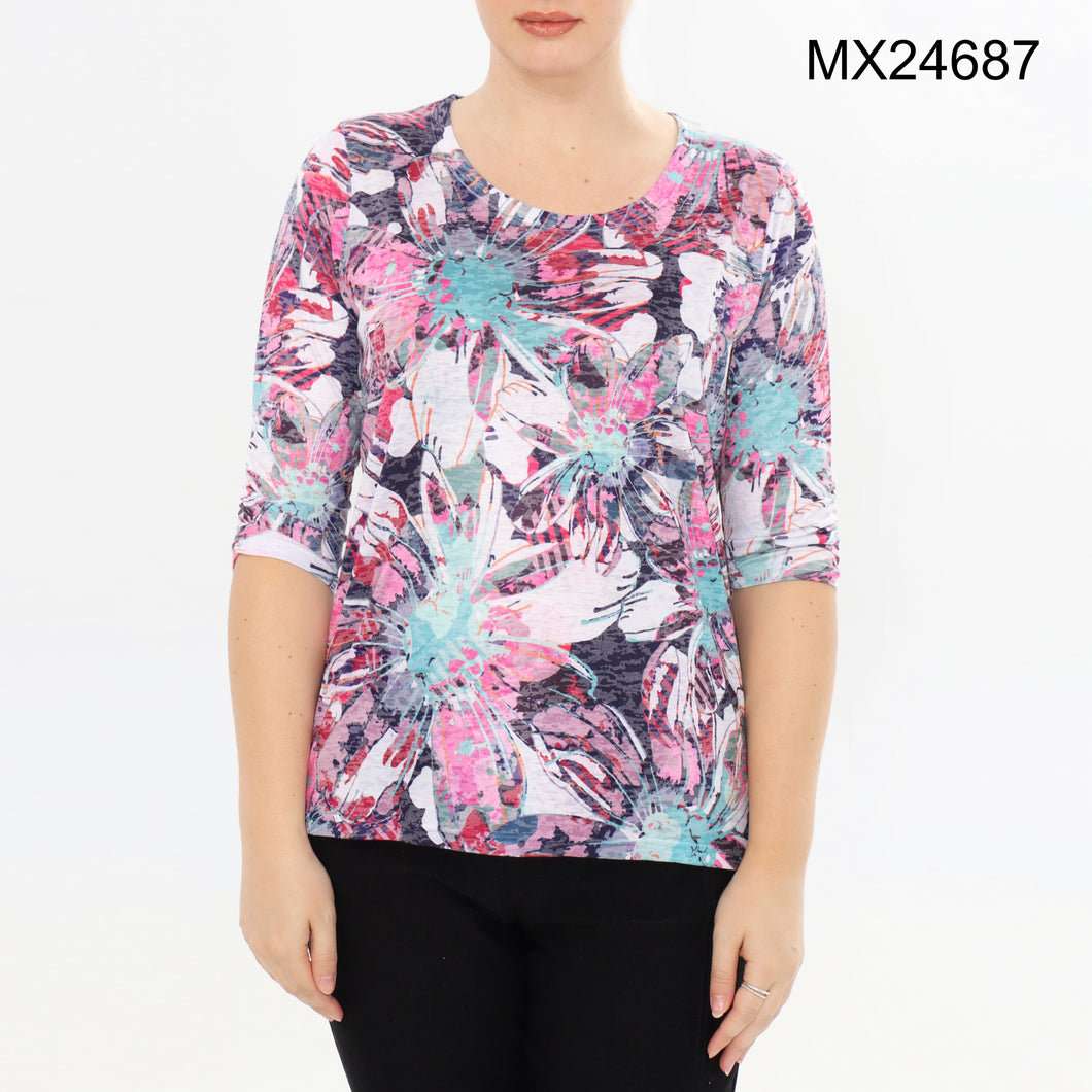 Moffi Pink Multi Floral Print 3/4 Sleeve Round Neck Top