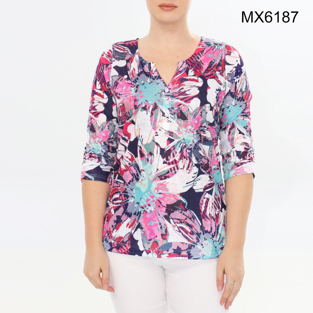 Moffi Pink Multi Floral Print 3/4 Sleeve Henley V-Neck Top