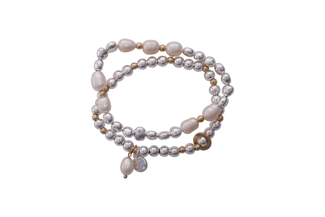 Merx Fashion Silver & Gold Ball Double Bracelet with Pearl Accents