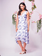 Load image into Gallery viewer, Elena Wang Wrap Front Print Dress with Side Tie in Purple Floral Print or Turquoise Floral Print
