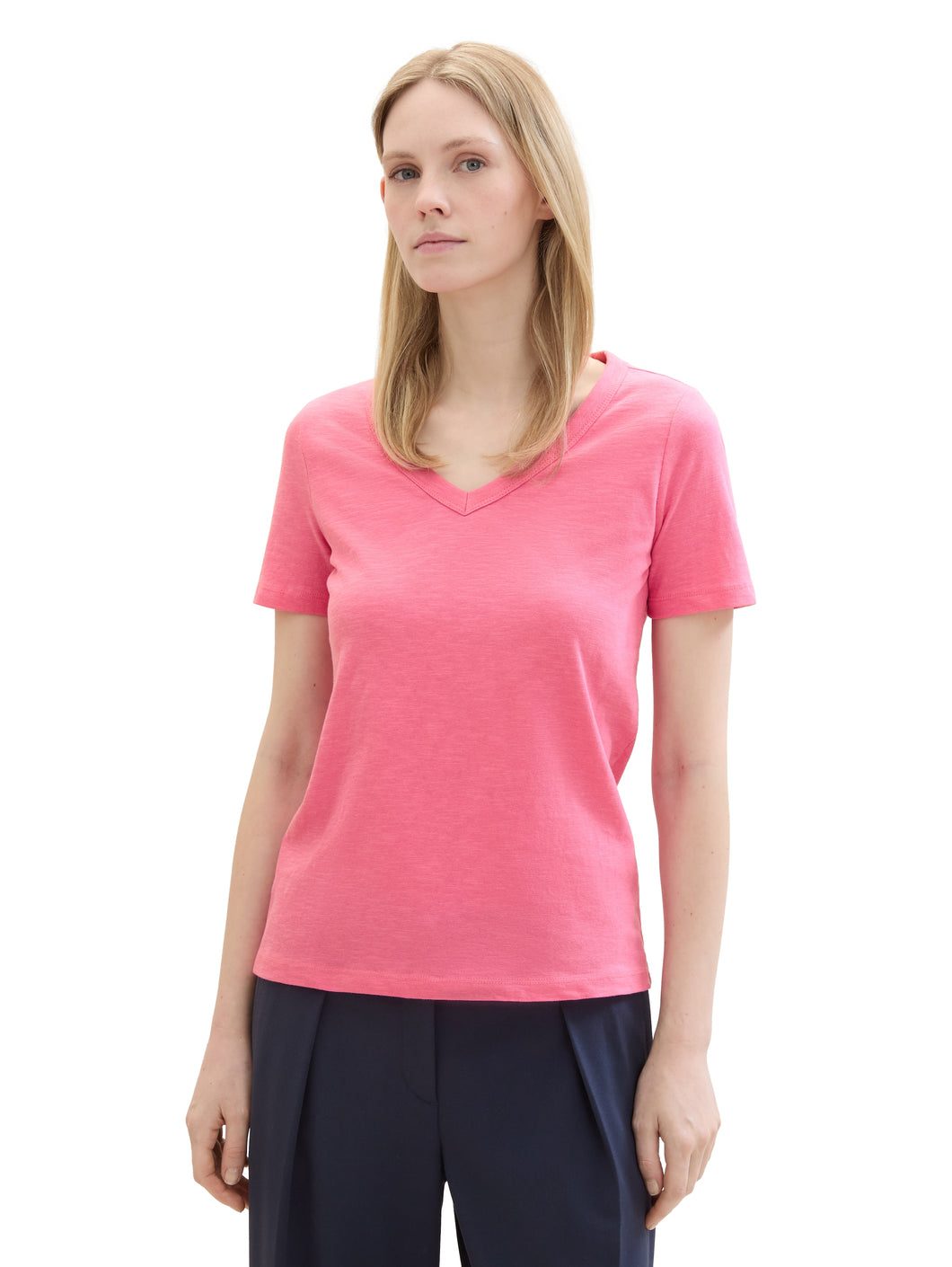 Tom Tailor Deep V-Neck Short Sleeve Cotton T-Shirt in Pink, Blue or White
